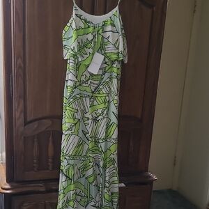 Tropical Green Leaf Print Maxi Dress